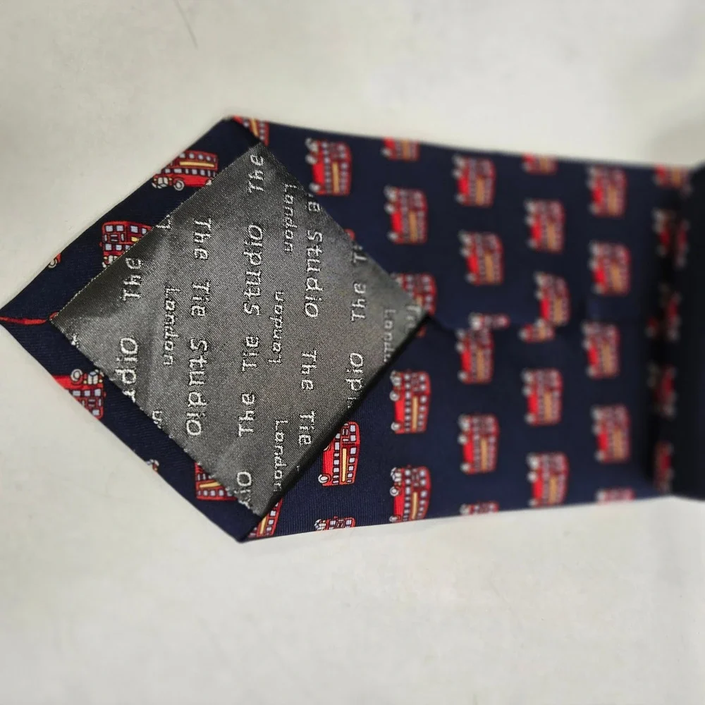 The Tie Studio London Mens Silk Tie Navy Blue Red Double Decker Bus London Print
